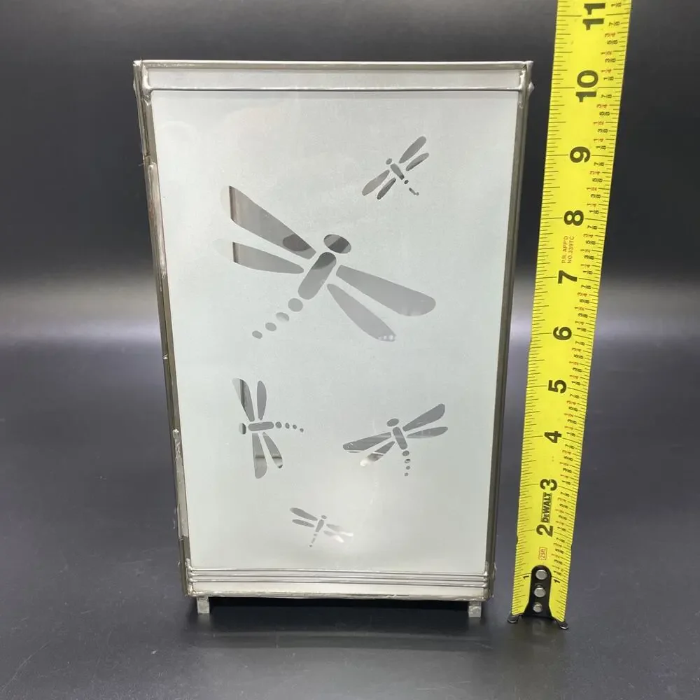 HTF Dragonfly Lantern Frosted Glass With Metal Edges Etched Design Candle Holder